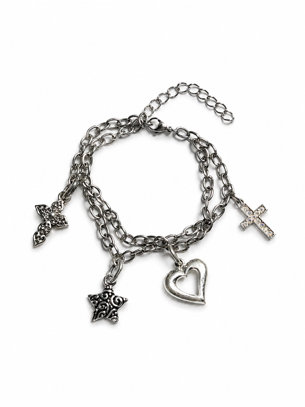 Handcrafted Whimsical Religious Cross Double Link Chain Charm Bracelet